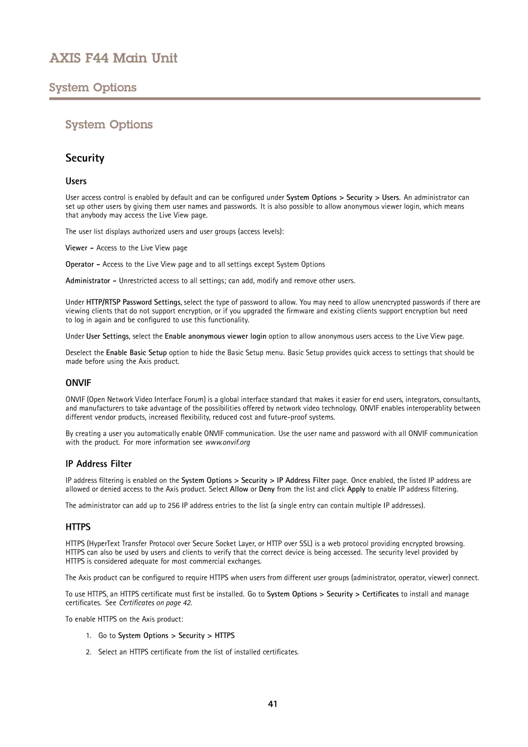 Axis Communications F44 user manual Users, IP Address Filter, Go to System Options Security Https 