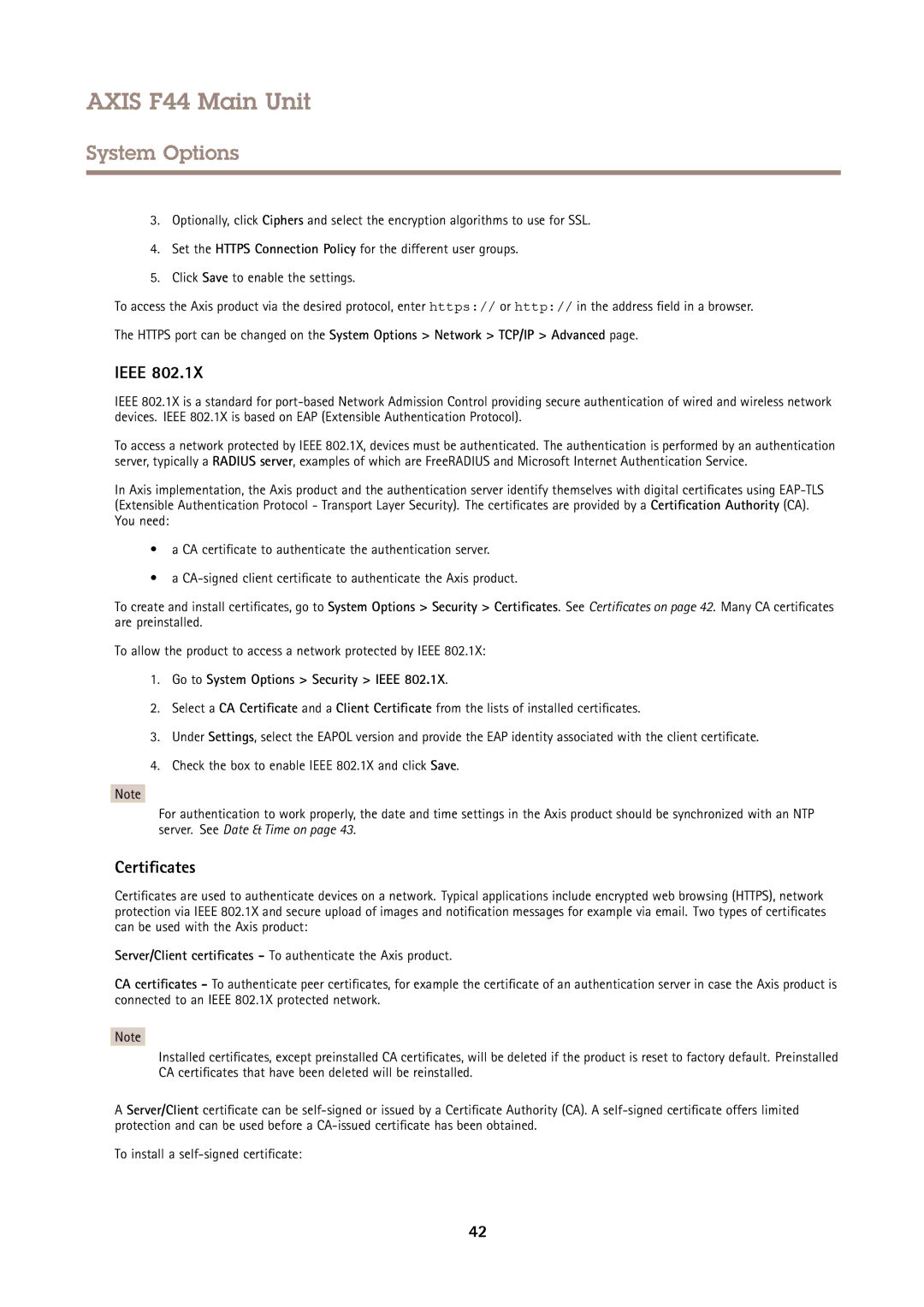 Axis Communications F44 user manual Certificates, Go to System Options Security Ieee 