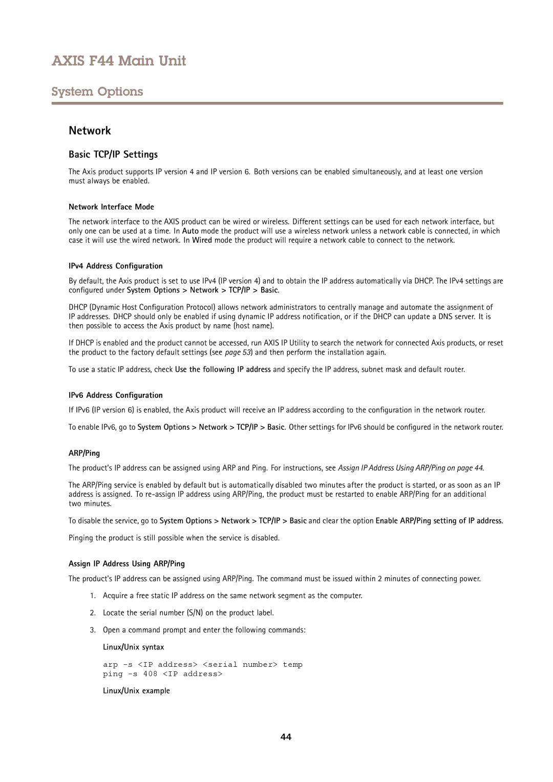 Axis Communications F44 user manual Network, Basic TCP/IP Settings 