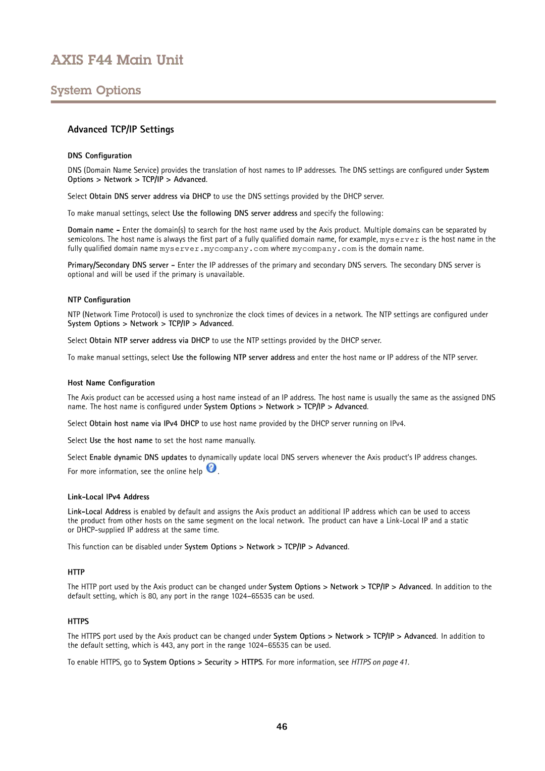 Axis Communications F44 user manual Advanced TCP/IP Settings, DNS Configuration, NTP Configuration, Host Name Configuration 