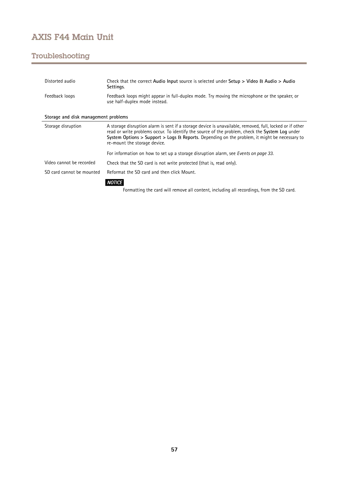 Axis Communications F44 user manual Storage and disk management problems 