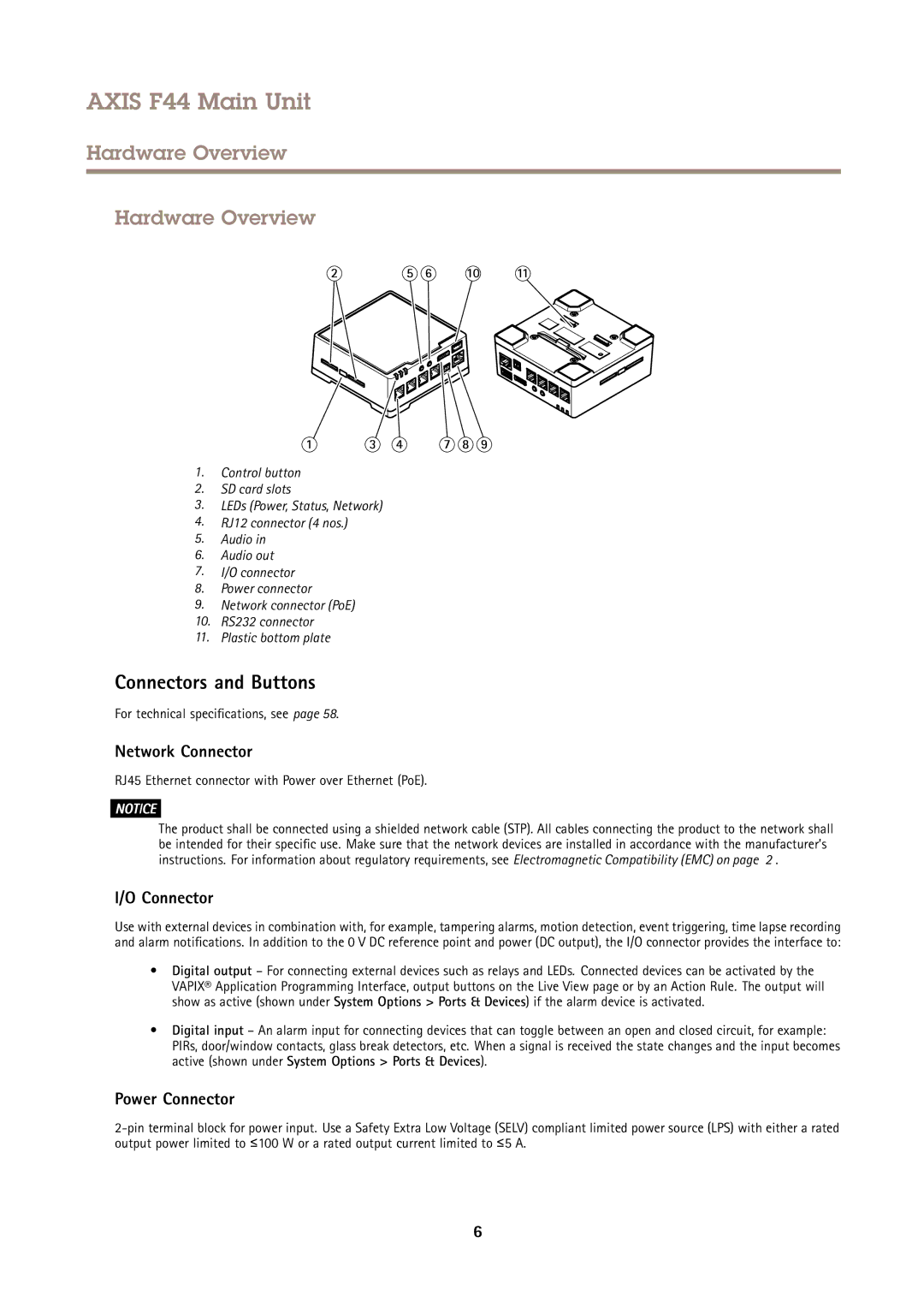 Axis Communications F44 user manual Hardware Overview, Connectors and Buttons, Network Connector, Power Connector 