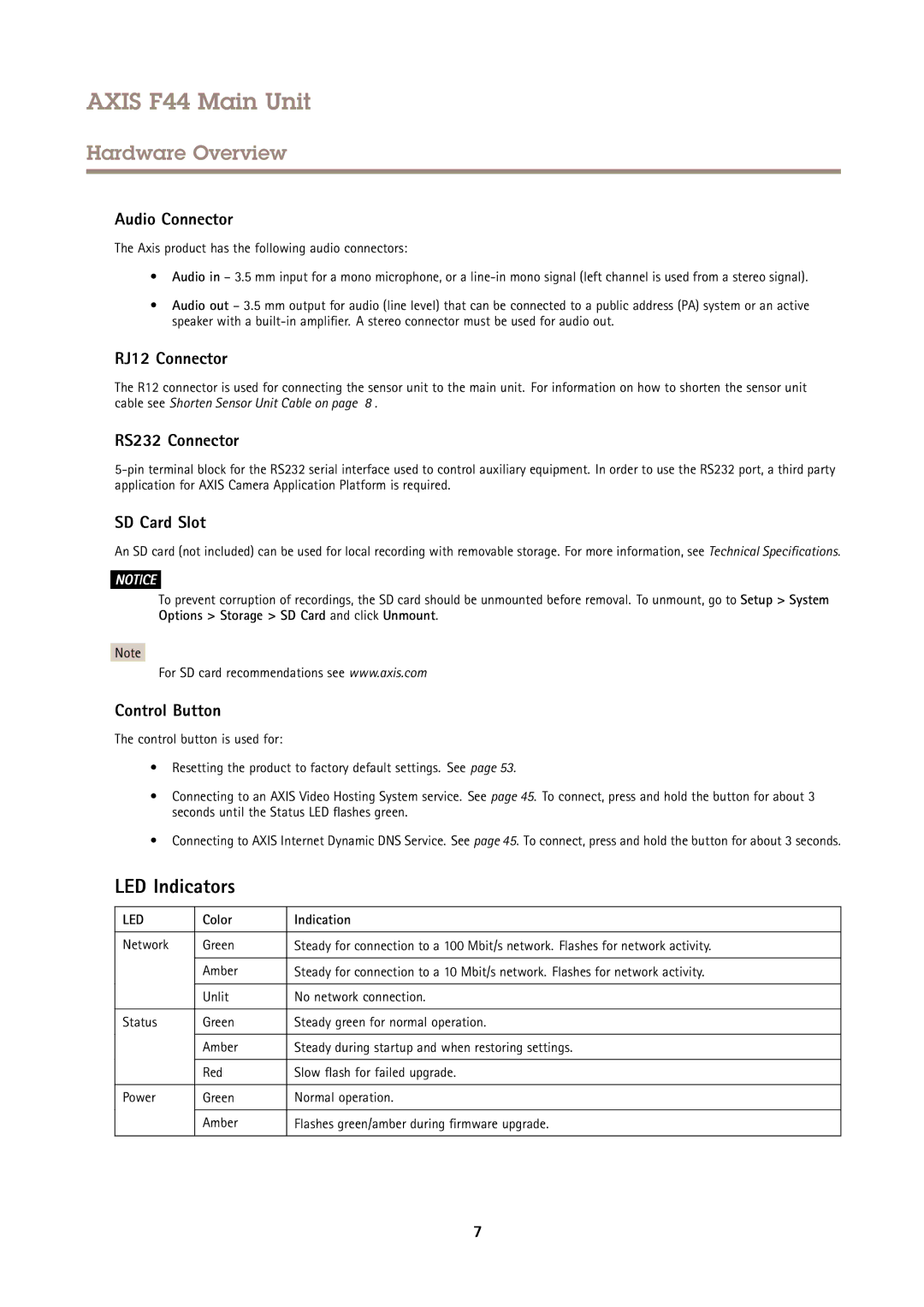 Axis Communications F44 user manual LED Indicators 