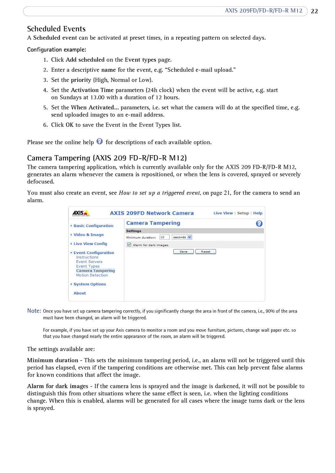 Axis Communications user manual Scheduled Events, Camera Tampering Axis 209 FD-R/FD-R M12 