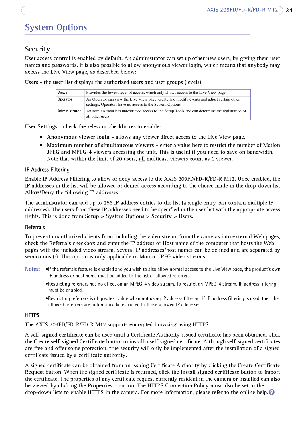 Axis Communications FD-R M12 user manual System Options, Security, IP Address Filtering, Referrals, Operator 