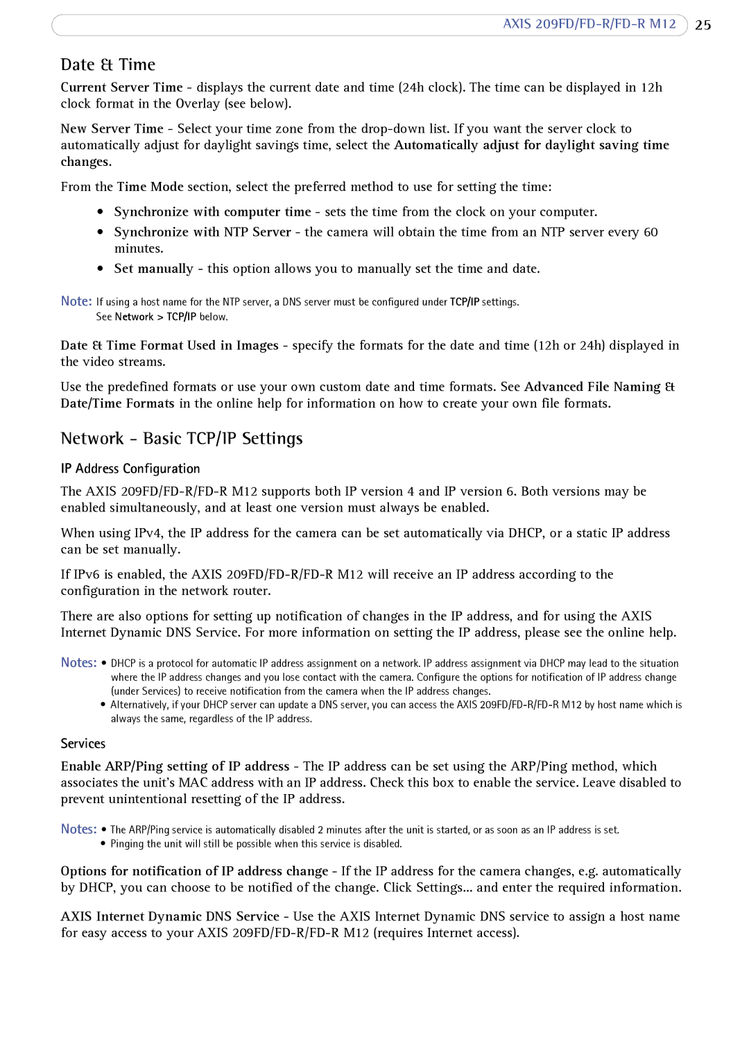 Axis Communications FD-R M12 user manual Date & Time, Network Basic TCP/IP Settings, IP Address Configuration, Services 