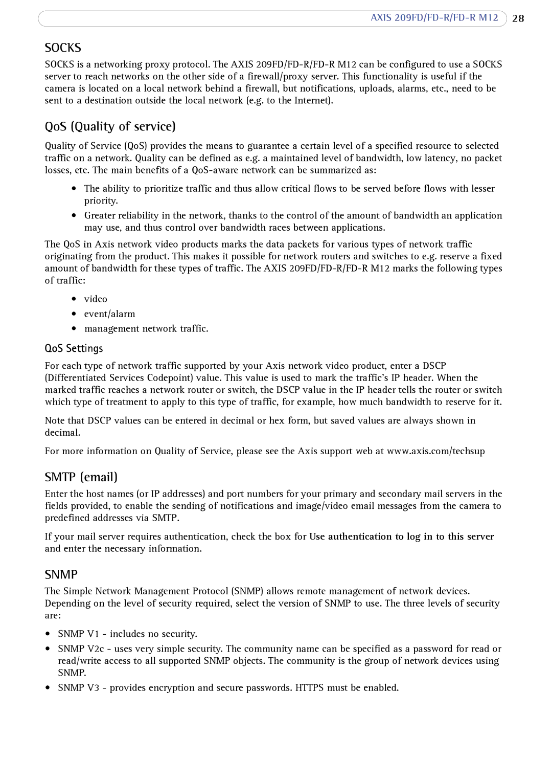 Axis Communications FD-R M12 user manual QoS Quality of service, Smtp email, QoS Settings 