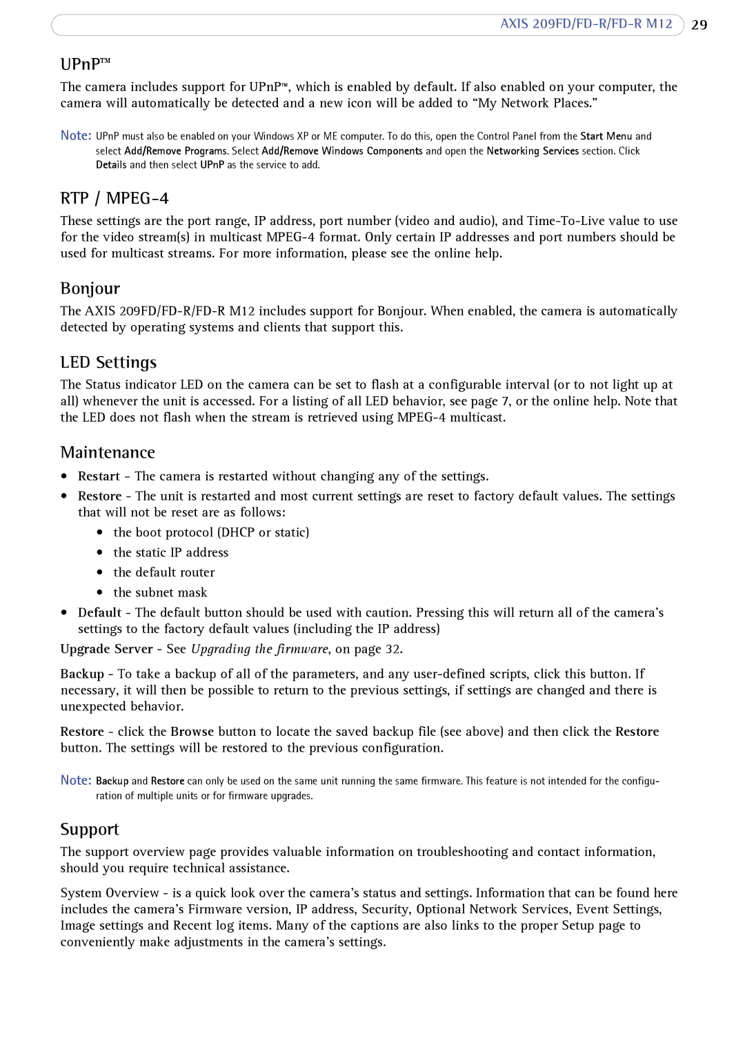 Axis Communications FD-R M12 user manual UPnP, Bonjour, LED Settings, Maintenance, Support 