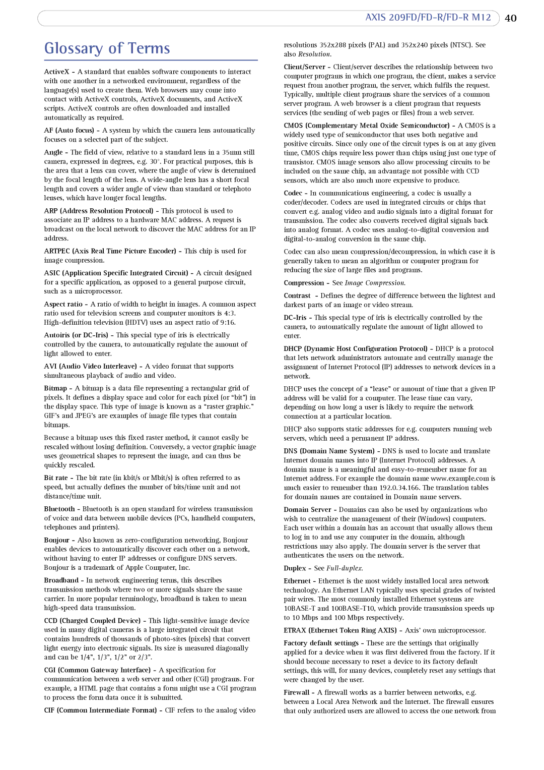 Axis Communications FD-R M12 user manual Glossary of Terms, Etrax Ethernet Token Ring Axis Axis own microprocessor 