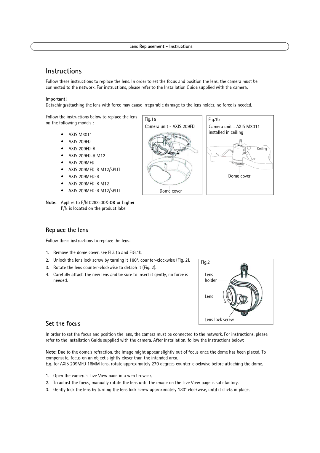 Axis Communications lens replacement manual Instructions, Replace the lens, Set the focus, Axis 209MFD-R M12, Lens 