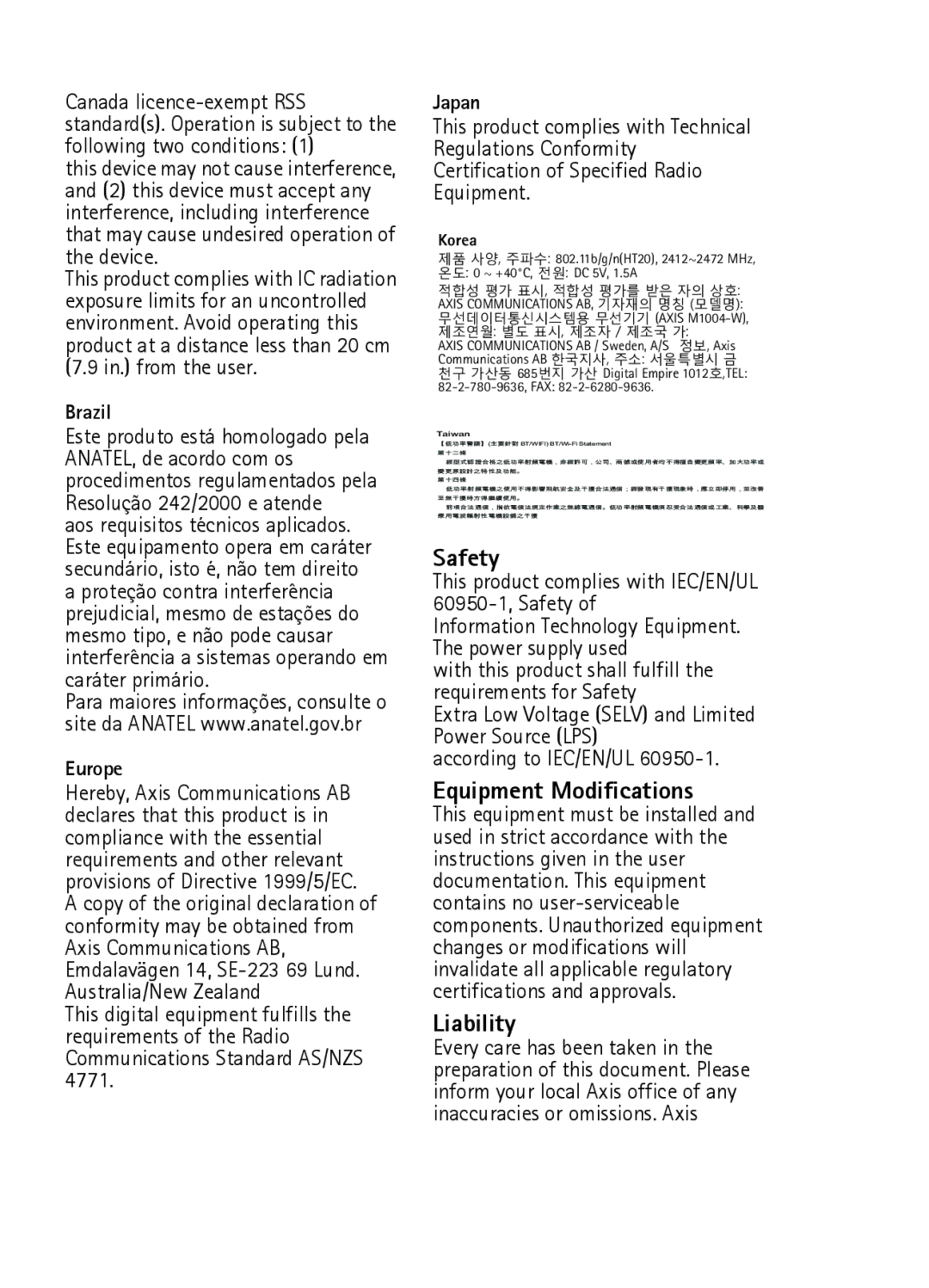 Axis Communications M1004-W manual Safety, Equipment Modifications, Liability 