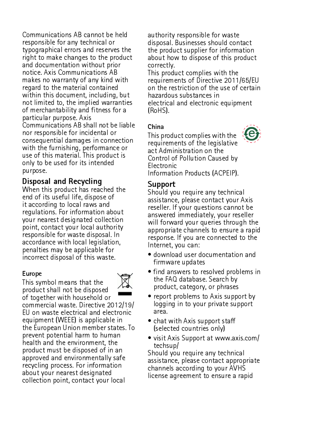 Axis Communications M1004-W manual Disposal and Recycling, Support 