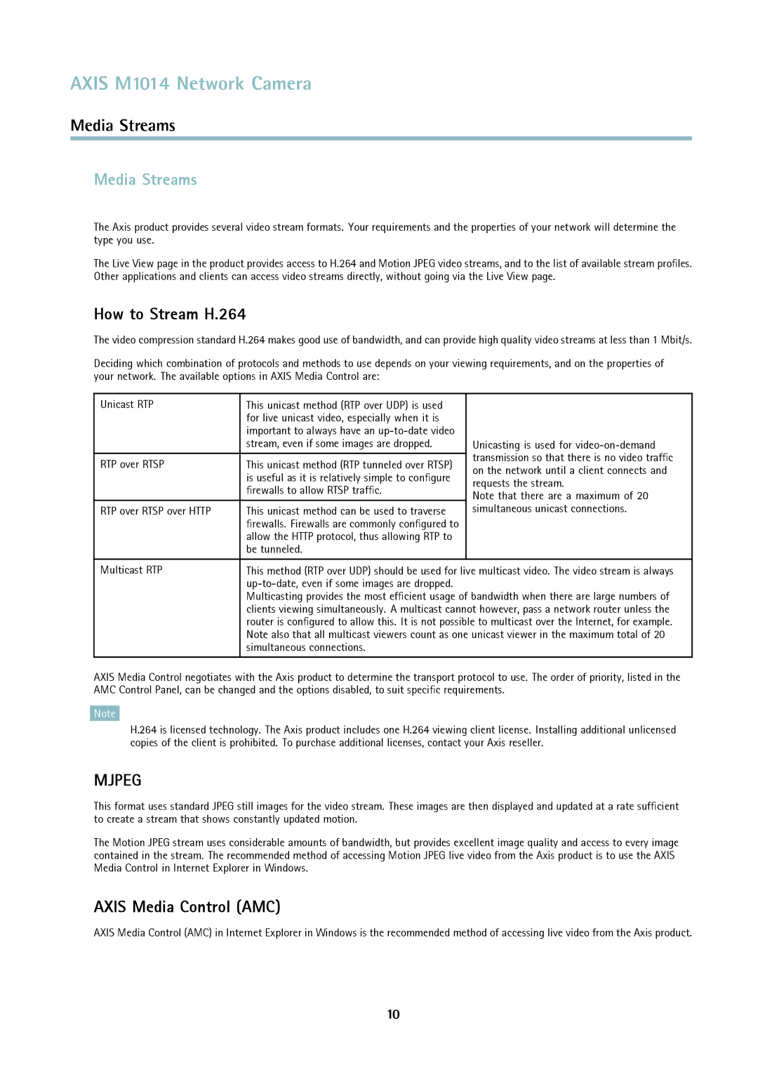 Axis Communications M1014 user manual Media Streams, How to Stream H.264, Axis Media Control AMC 