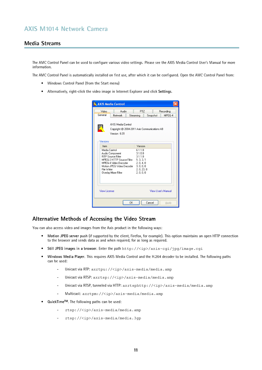 Axis Communications M1014 user manual Alternative Methods of Accessing the Video Stream 