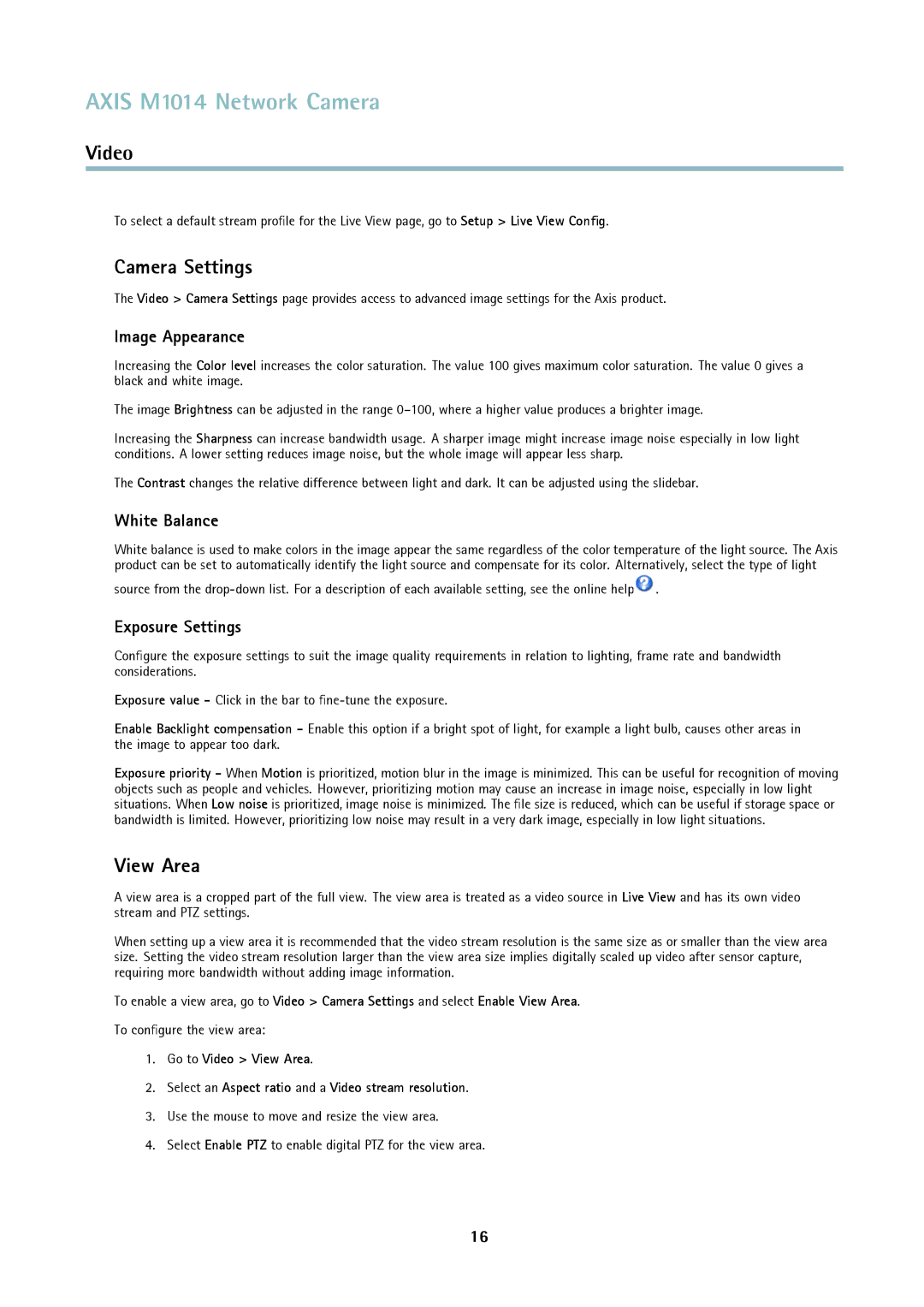 Axis Communications M1014 user manual Camera Settings, View Area, Image Appearance, White Balance, Exposure Settings 