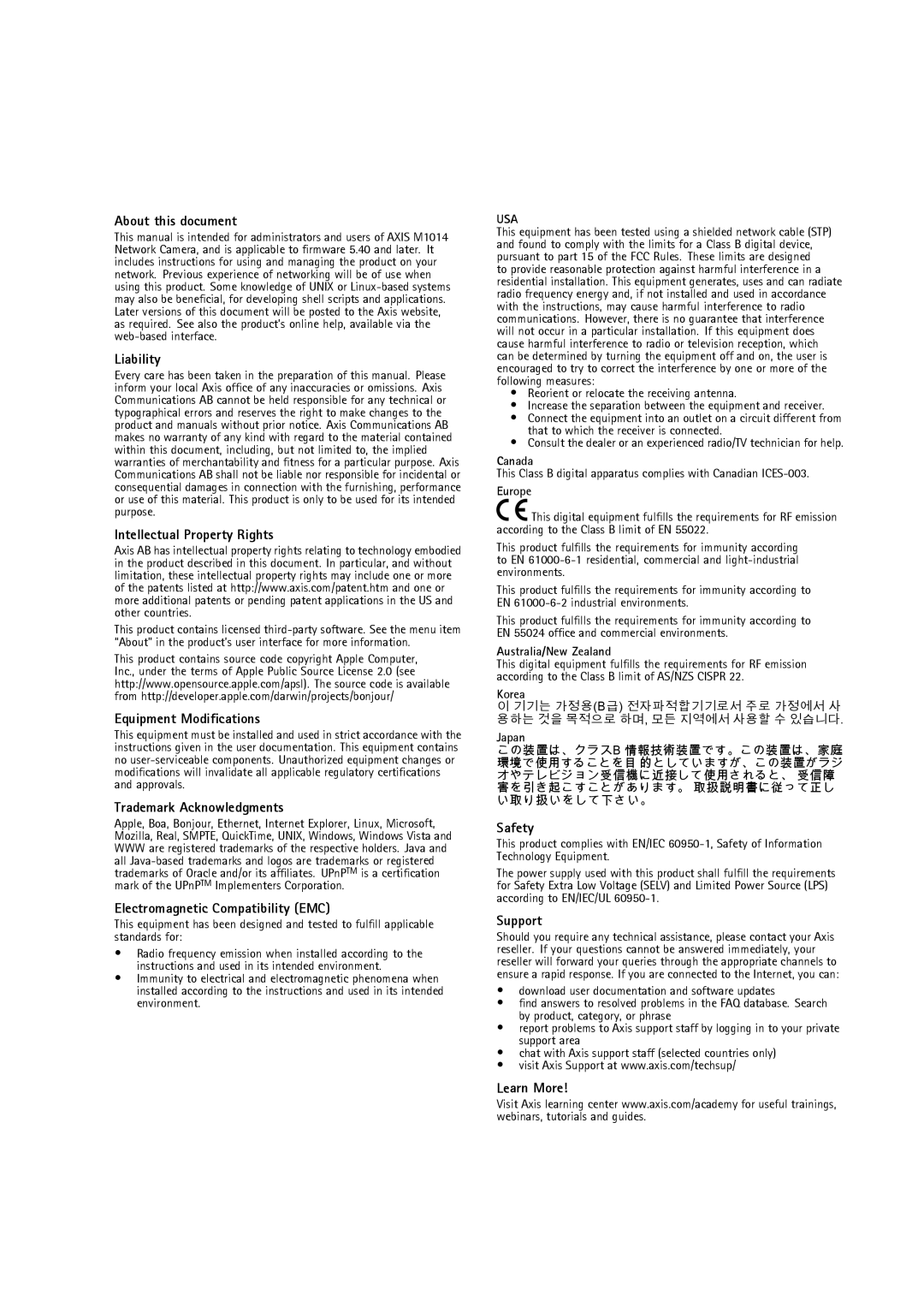 Axis Communications M1014 About this document, Liability, Intellectual Property Rights, Equipment Modiﬁcations, Safety 