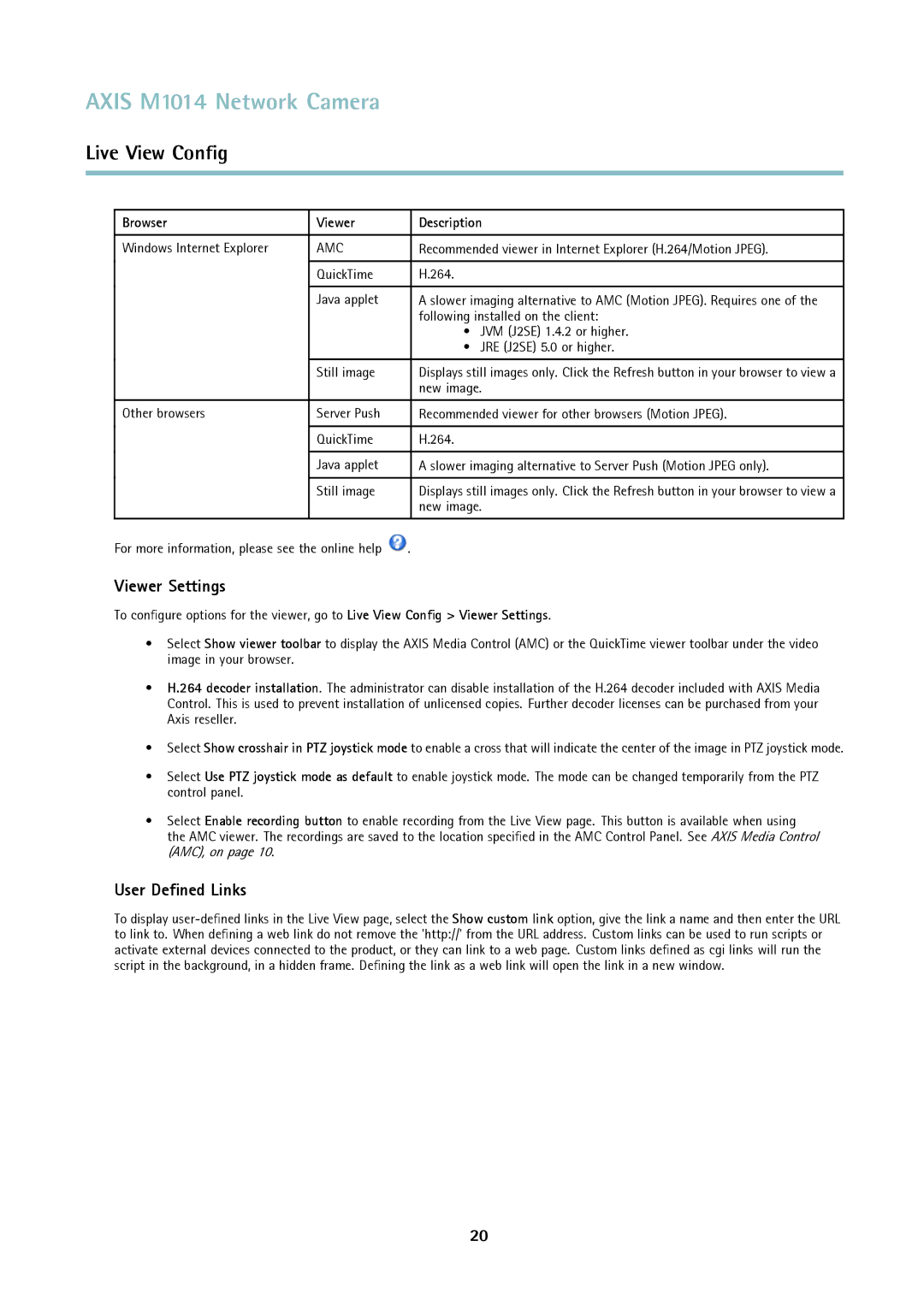 Axis Communications M1014 user manual Viewer Settings, User Deﬁned Links, Browser Viewer Description 