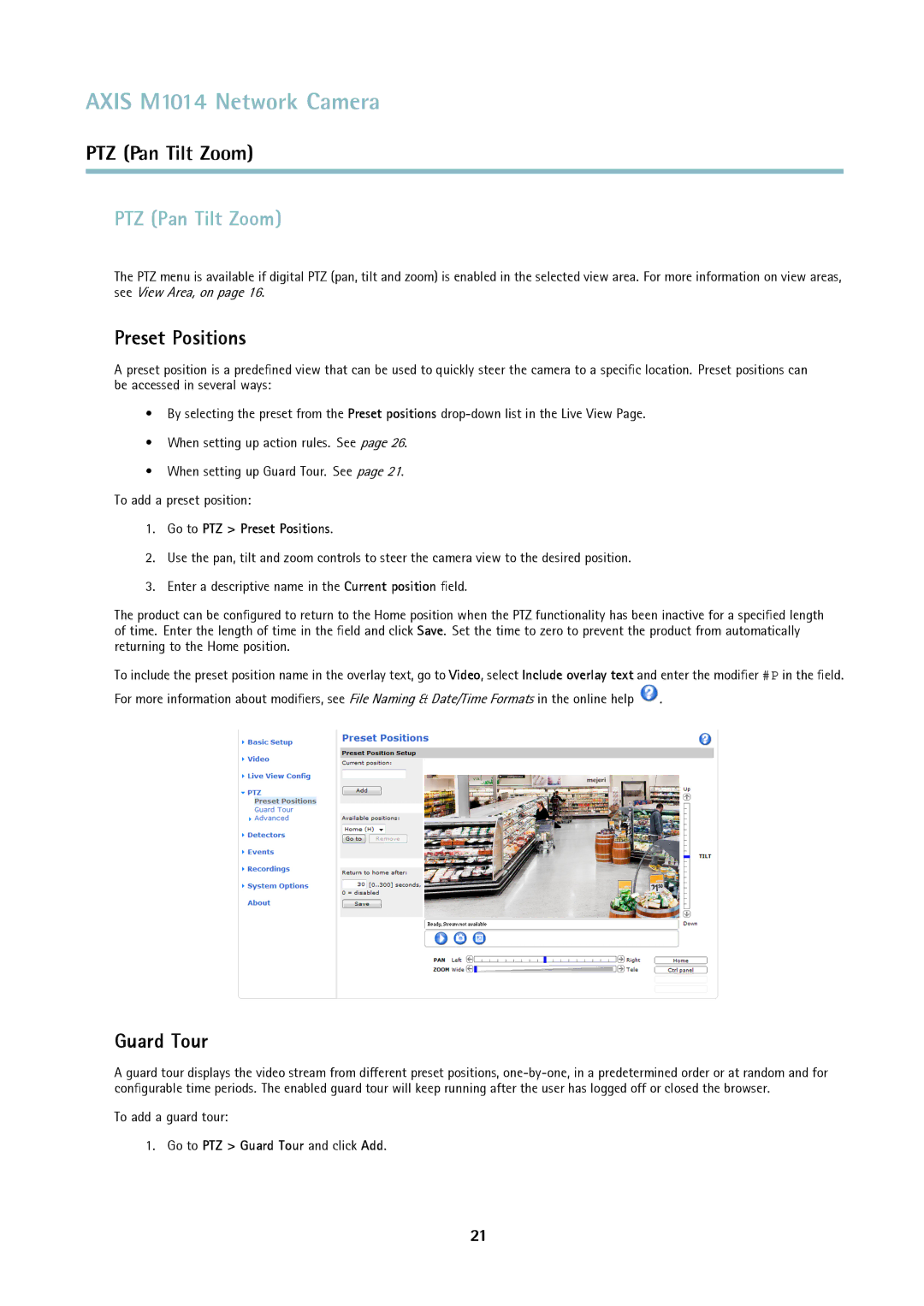 Axis Communications M1014 user manual PTZ Pan Tilt Zoom, Guard Tour, Go to PTZ Preset Positions 