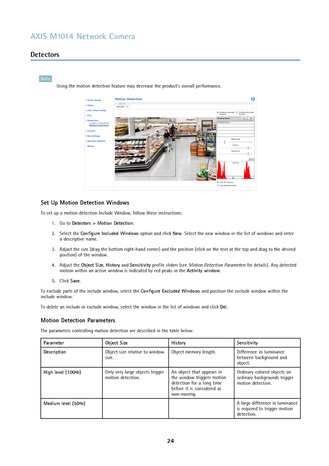 Axis Communications M1014 user manual Set Up Motion Detection Windows, Motion Detection Parameters 