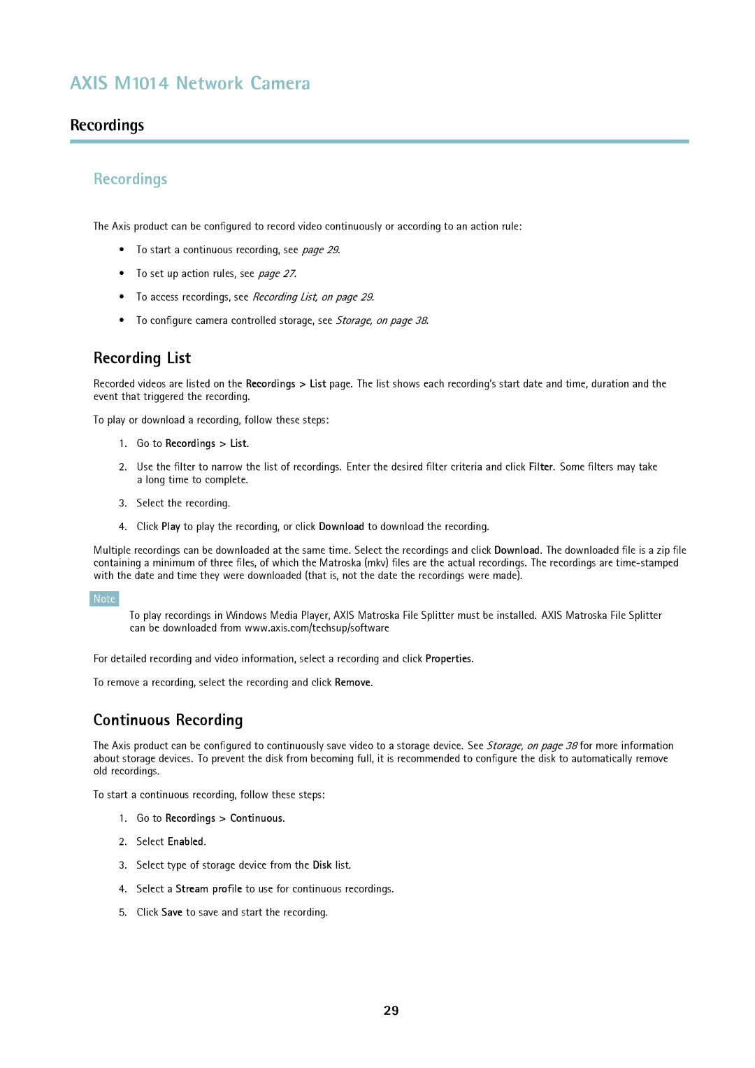 Axis Communications M1014 user manual Recordings, Recording List, Continuous Recording 