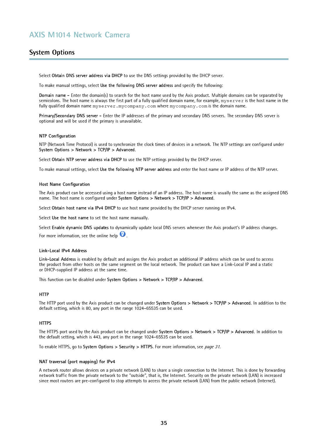 Axis Communications M1014 user manual NTP Conﬁguration, Host Name Conﬁguration, Link-Local IPv4 Address 