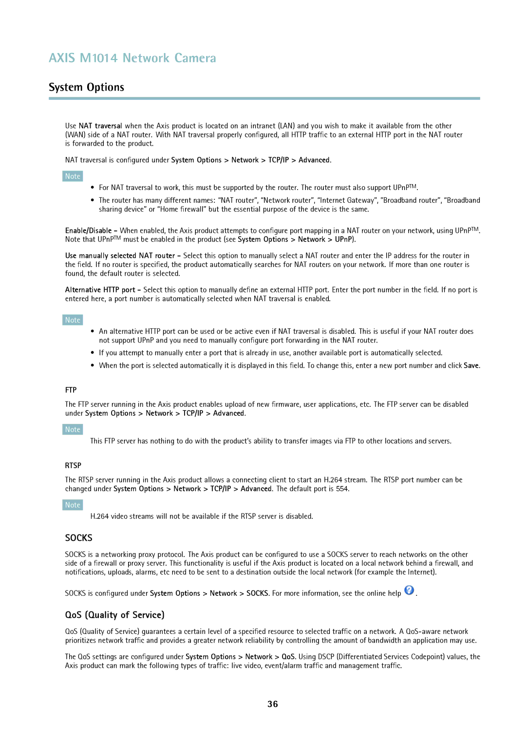 Axis Communications M1014 user manual QoS Quality of Service, Ftp 