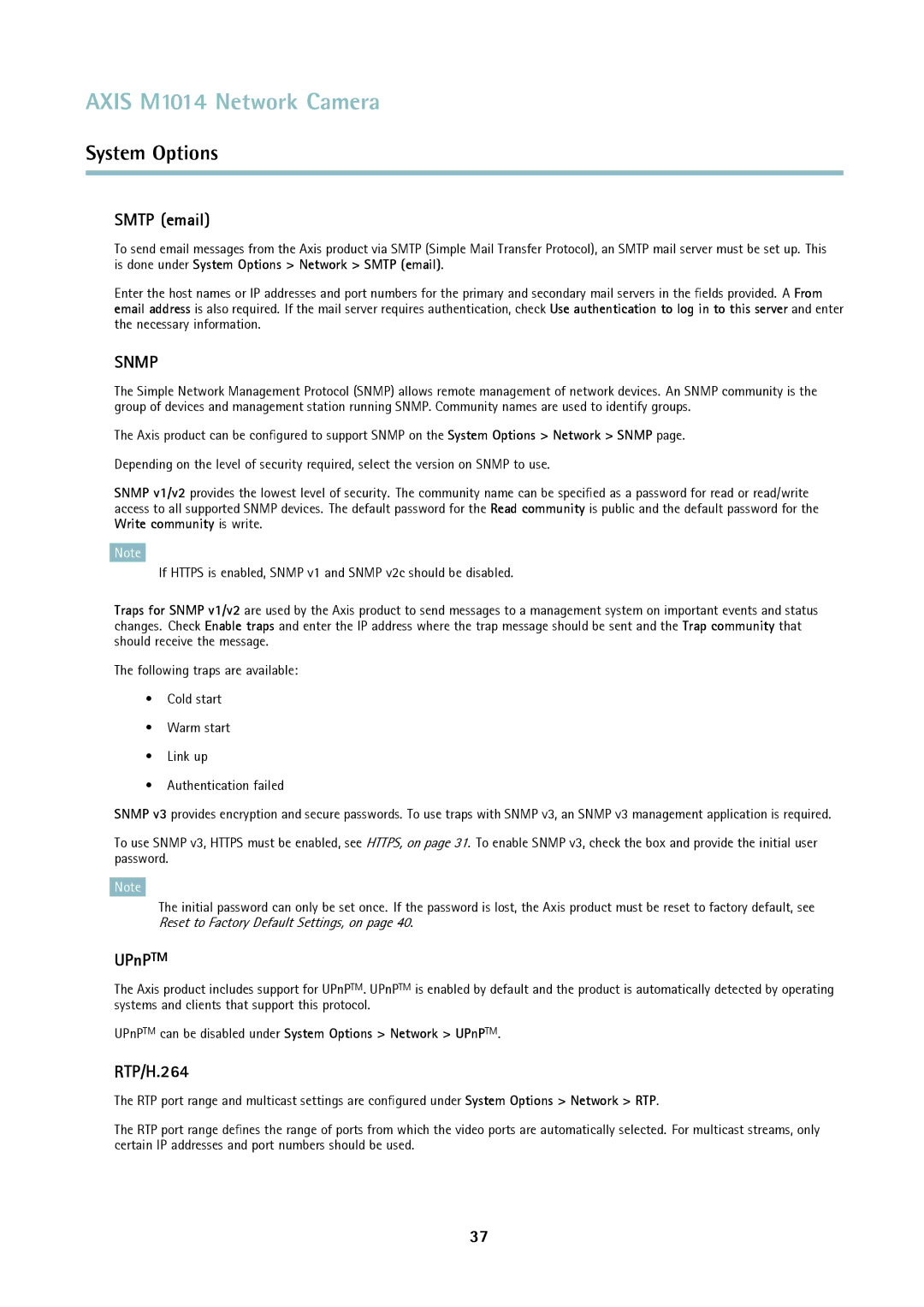 Axis Communications M1014 user manual Smtp email, RTP/H.264, UPnPTM can be disabled under System Options Network UPnPTM 