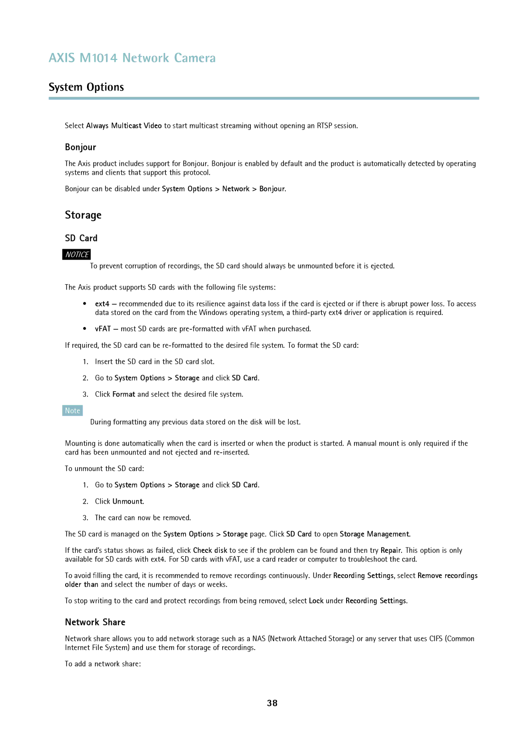 Axis Communications M1014 user manual Bonjour, Network Share, Go to System Options Storage and click SD Card 