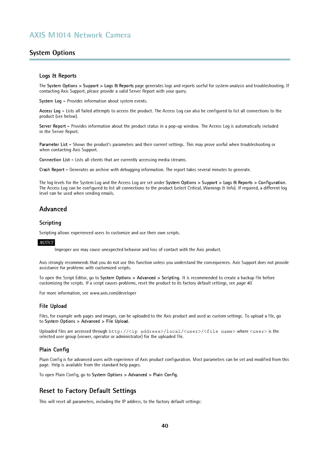 Axis Communications M1014 Reset to Factory Default Settings, Logs & Reports, Scripting, File Upload, Plain Conﬁg 