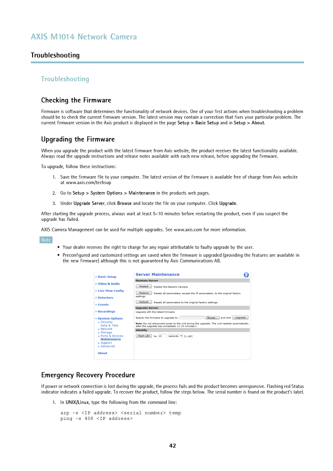 Axis Communications M1014 Troubleshooting, Checking the Firmware, Upgrading the Firmware, Emergency Recovery Procedure 