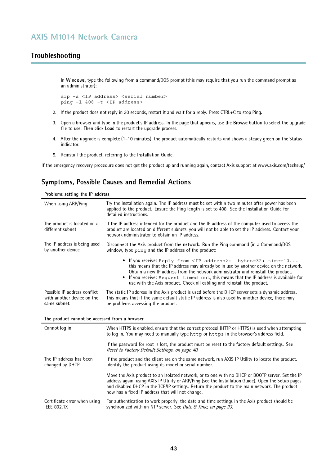 Axis Communications M1014 user manual Symptoms, Possible Causes and Remedial Actions, Problems setting the IP address 