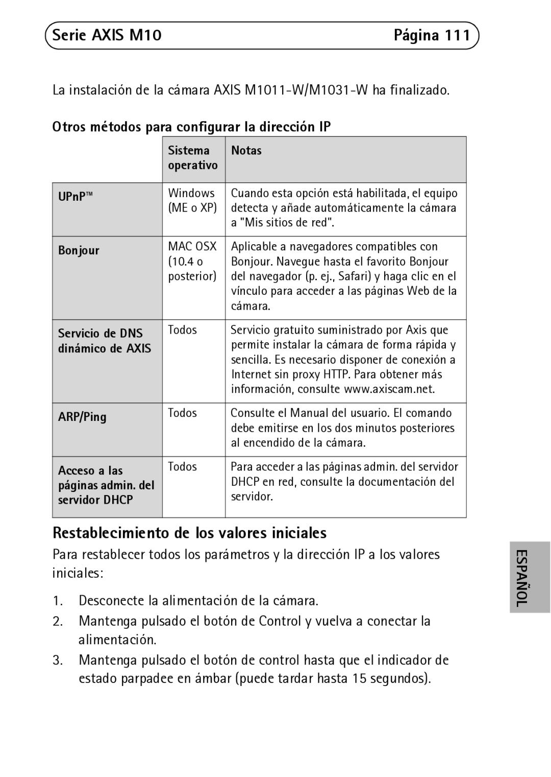 Axis Communications M1011, M1054 Restablecimiento de los valores iniciales, Otros métodos para configurar la dirección IP 