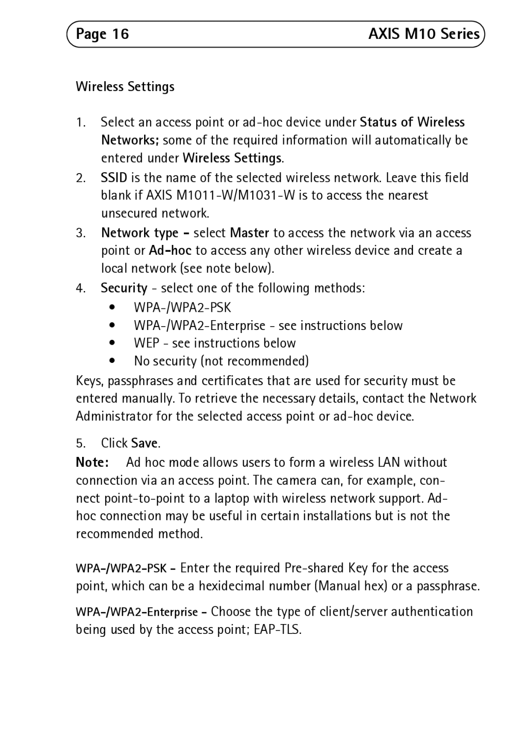 Axis Communications M1031-W, M1054, M1011-W Wireless Settings, Security select one of the following methods, Click Save 