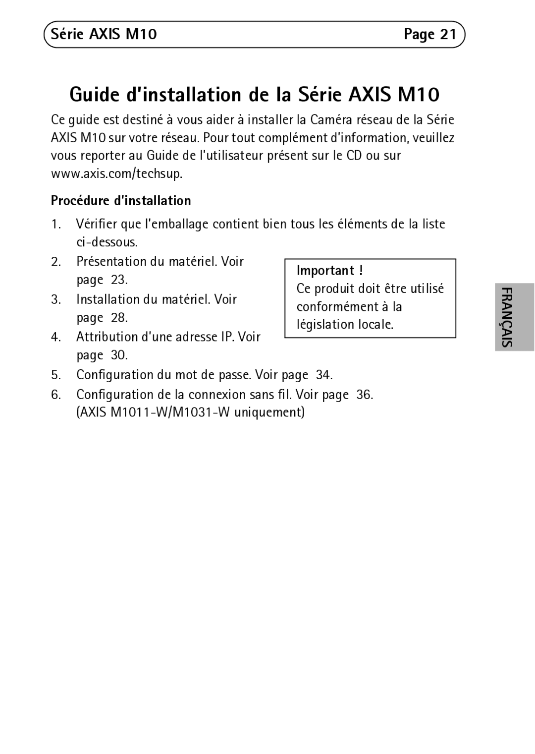 Axis Communications M1054, M1031-W, M1011-W Série Axis M10, Procédure d’installation, Configuration du mot de passe. Voir 