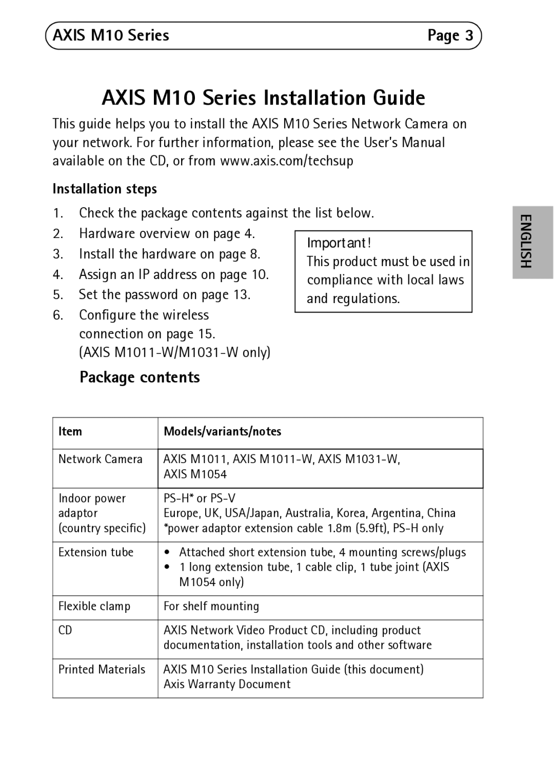 Axis Communications M1031-W, M1054, M1011-W manual Axis M10 Series, Package contents 