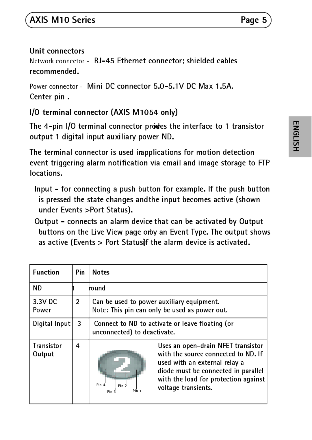 Axis Communications M1031-W, M1011-W manual Unit connectors, Terminal connector Axis M1054 only, Function Pin 