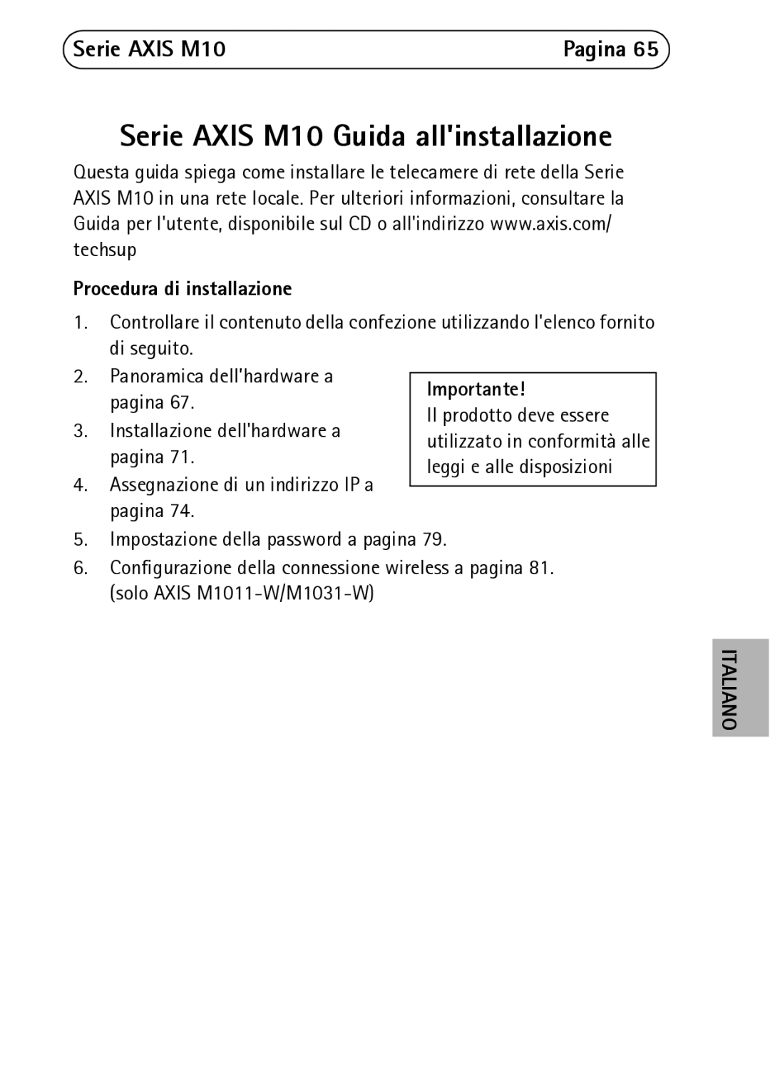 Axis Communications M1054 Serie Axis M10, Procedura di installazione, Assegnazione di un indirizzo IP a pagina, Importante 