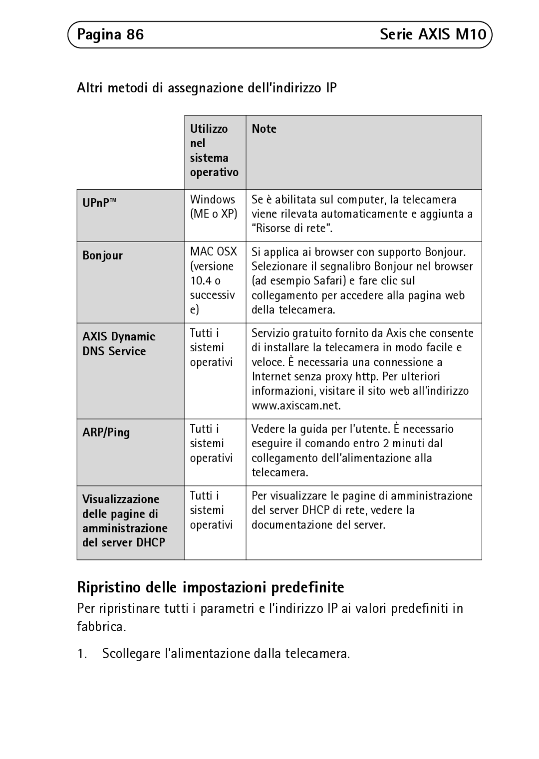 Axis Communications M1011-W Ripristino delle impostazioni predefinite, Altri metodi di assegnazione dell’indirizzo IP 