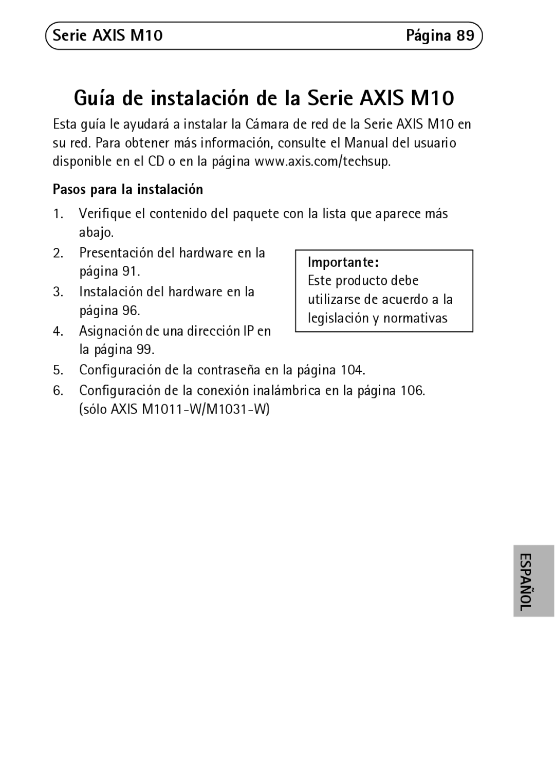 Axis Communications M1054, M1031-W, M1011-W manual Guía de instalación de la Serie Axis M10, Pasos para la instalación 