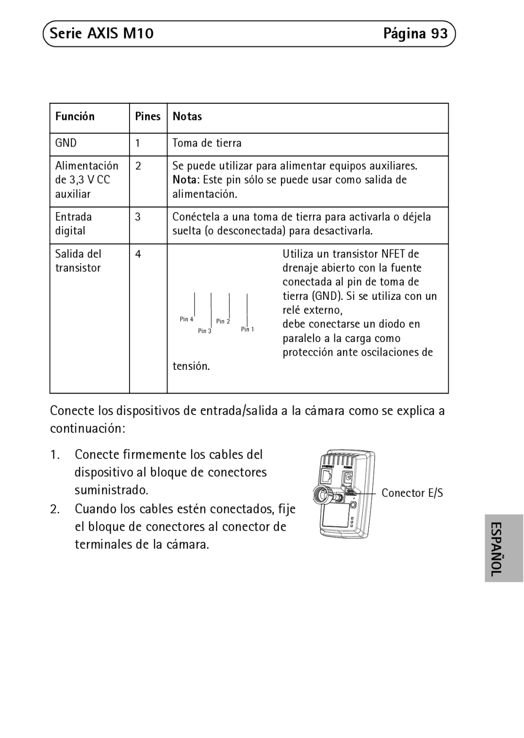 Axis Communications M1054, M1031-W, M1011-W manual Función Pines Notas 