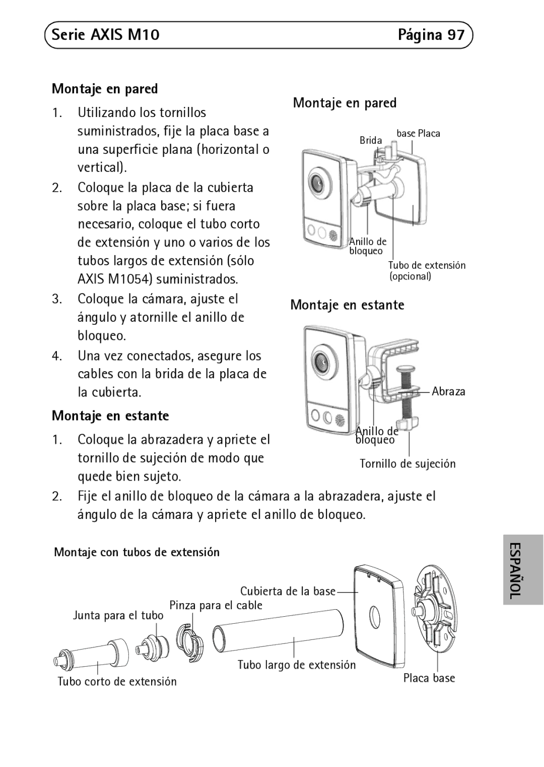 Axis Communications M1054, M1031-W, M1011-W manual Montaje en pared, Montaje en estante, Montaje con tubos de extensión 