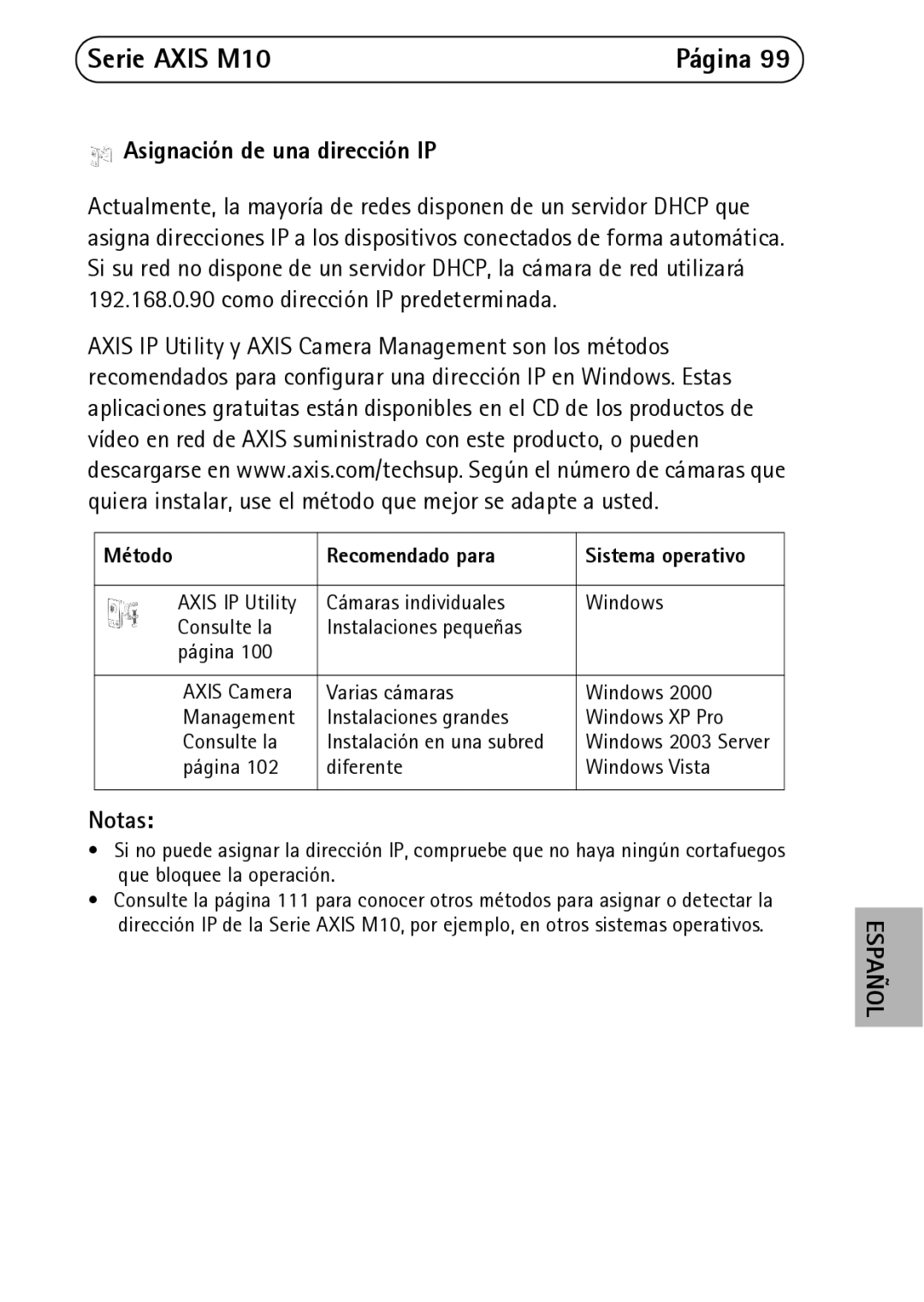 Axis Communications M1011, M1031-W, M1054 Asignación de una dirección IP, Notas, Método Recomendado para Sistema operativo 