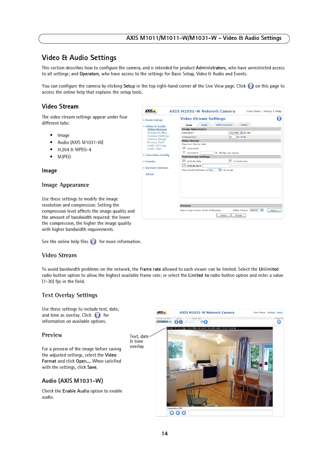 Axis Communications 1011W, M1031W, M1011 user manual Video & Audio Settings, Video Stream 