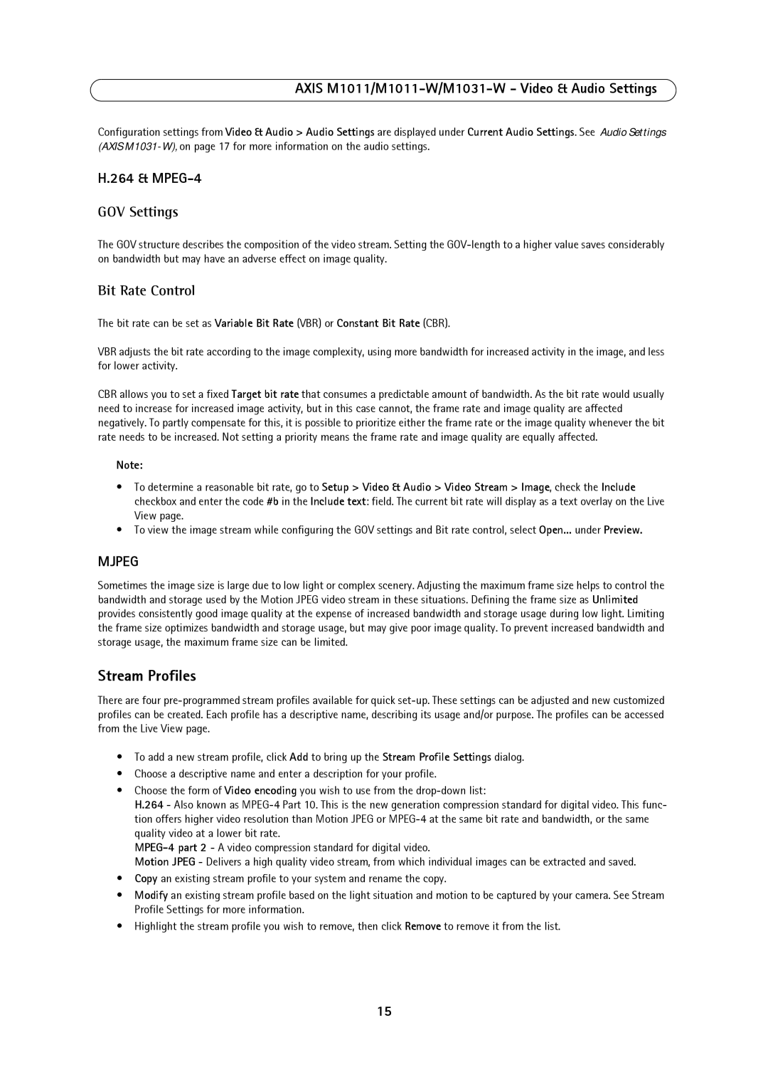 Axis Communications M1031W, M1011, 1011W user manual Stream Profiles, 264 & MPEG-4 GOV Settings, Bit Rate Control 