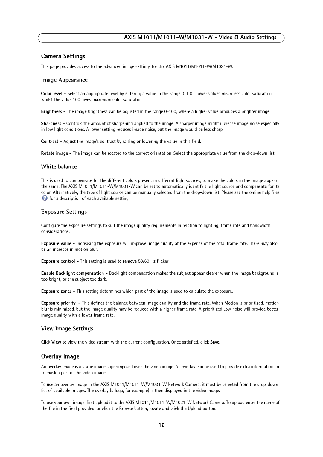 Axis Communications M1011, M1031W Camera Settings, Overlay Image, White balance, Exposure Settings, View Image Settings 