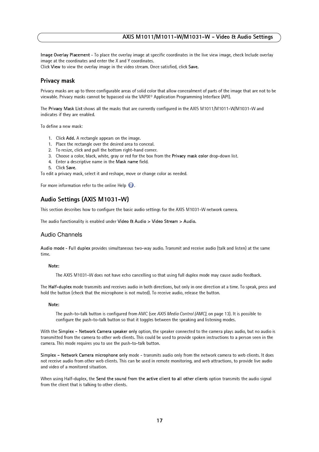 Axis Communications 1011W, M1031W, M1011 user manual Privacy mask, Audio Settings Axis M1031-W, Audio Channels 