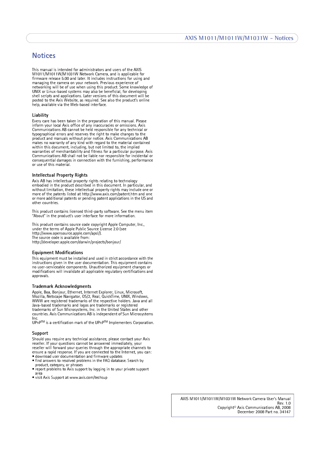 Axis Communications 1011W Liability, Intellectual Property Rights, Equipment Modifications, Trademark Acknowledgments 