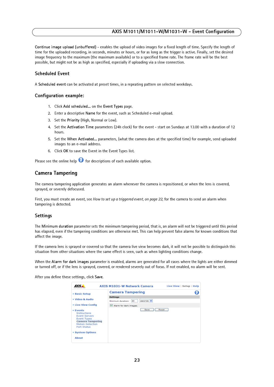 Axis Communications 1011W, M1031W, M1011 user manual Camera Tampering, Scheduled Event, Configuration example, Settings 