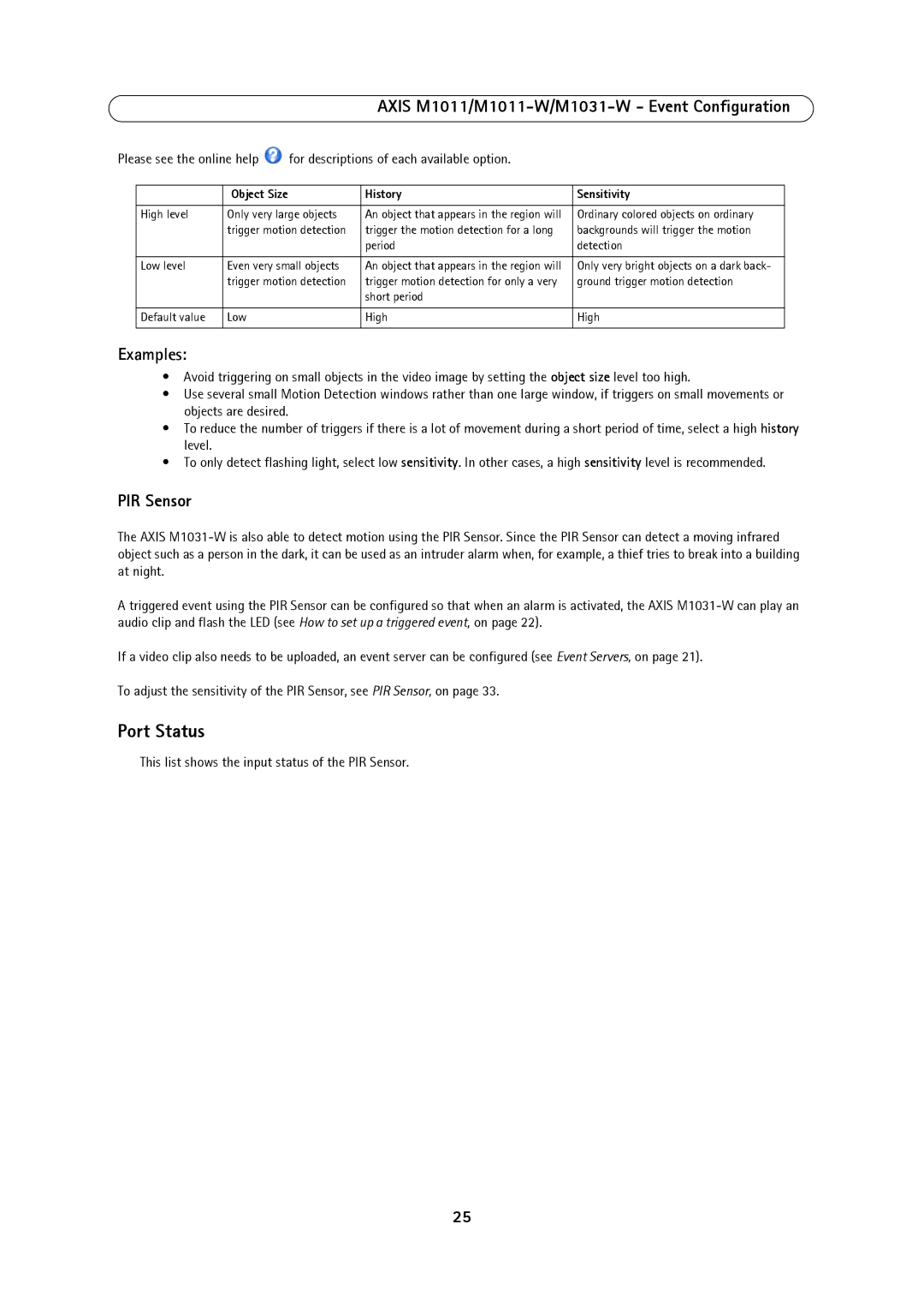 Axis Communications M1011, M1031W, 1011W Port Status, Examples, This list shows the input status of the PIR Sensor 