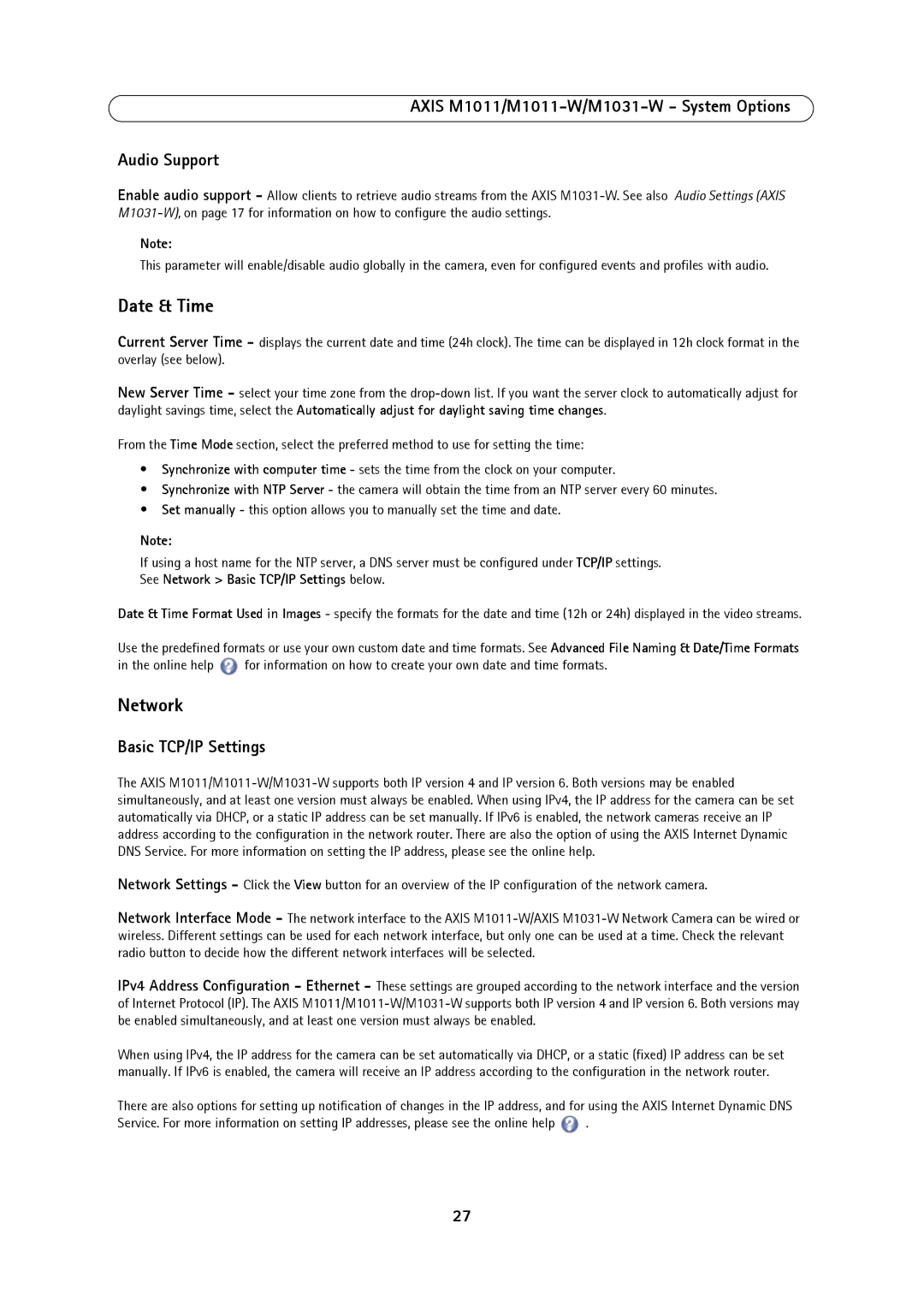 Axis Communications M1031W, 1011W user manual Date & Time, Network, Axis M1011/M1011-W/M1031-W System Options Audio Support 